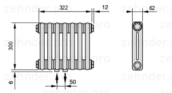 Схема (чертеж) Радиатор Zehnder Charleston 2030/7 №3470 Белый глянцевый RAL 9016